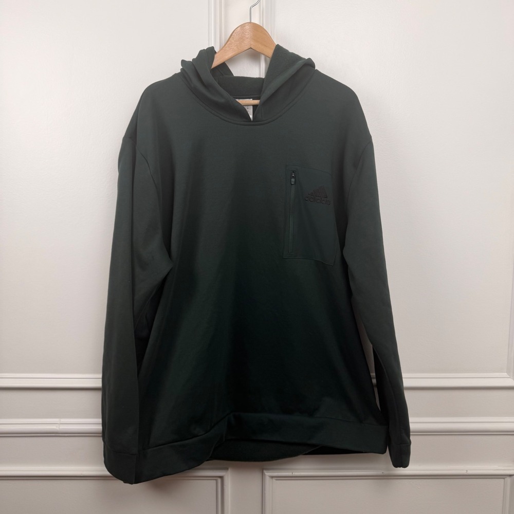 Adidas Mens 2XL Forest Green Pullover Hoodie Zip Chest Pocket Performance Fleece